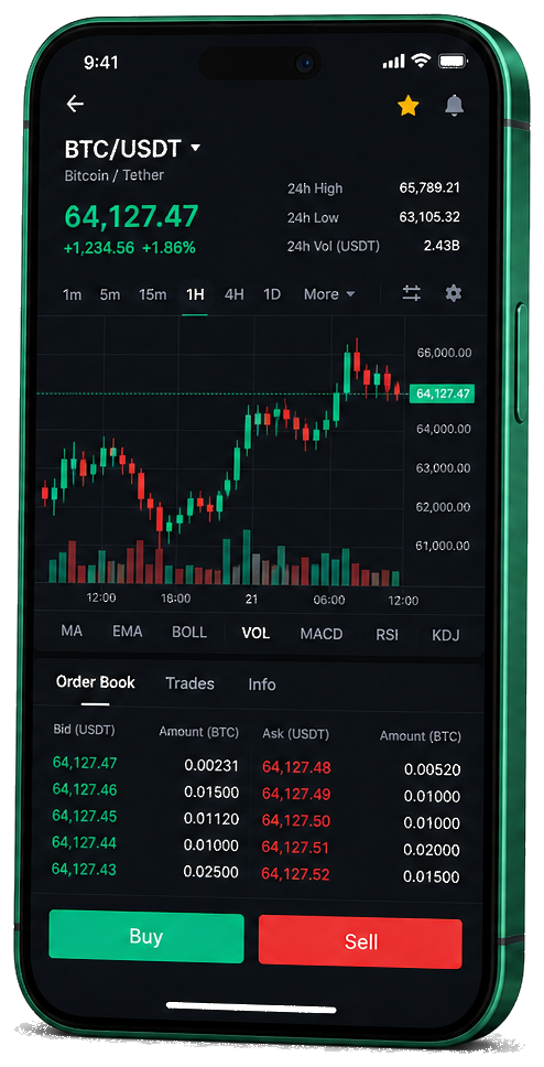 Plataforma Coroa Investença para trading móvel — gráfico ao vivo BTC/USDT, livro de ordens e painel de compra e venda